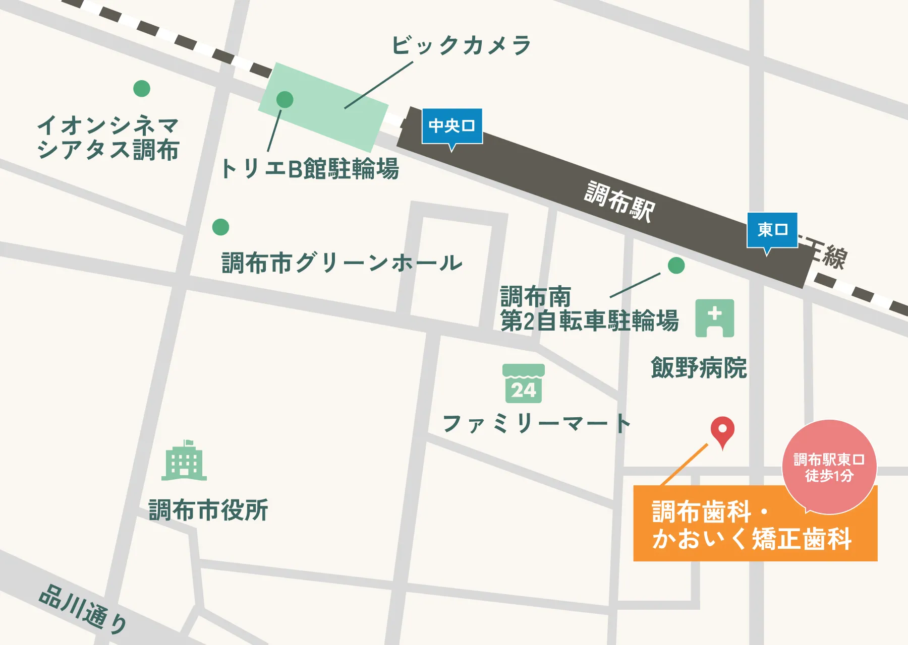 調布歯科・かおいく矯正歯科のアクセスマップ