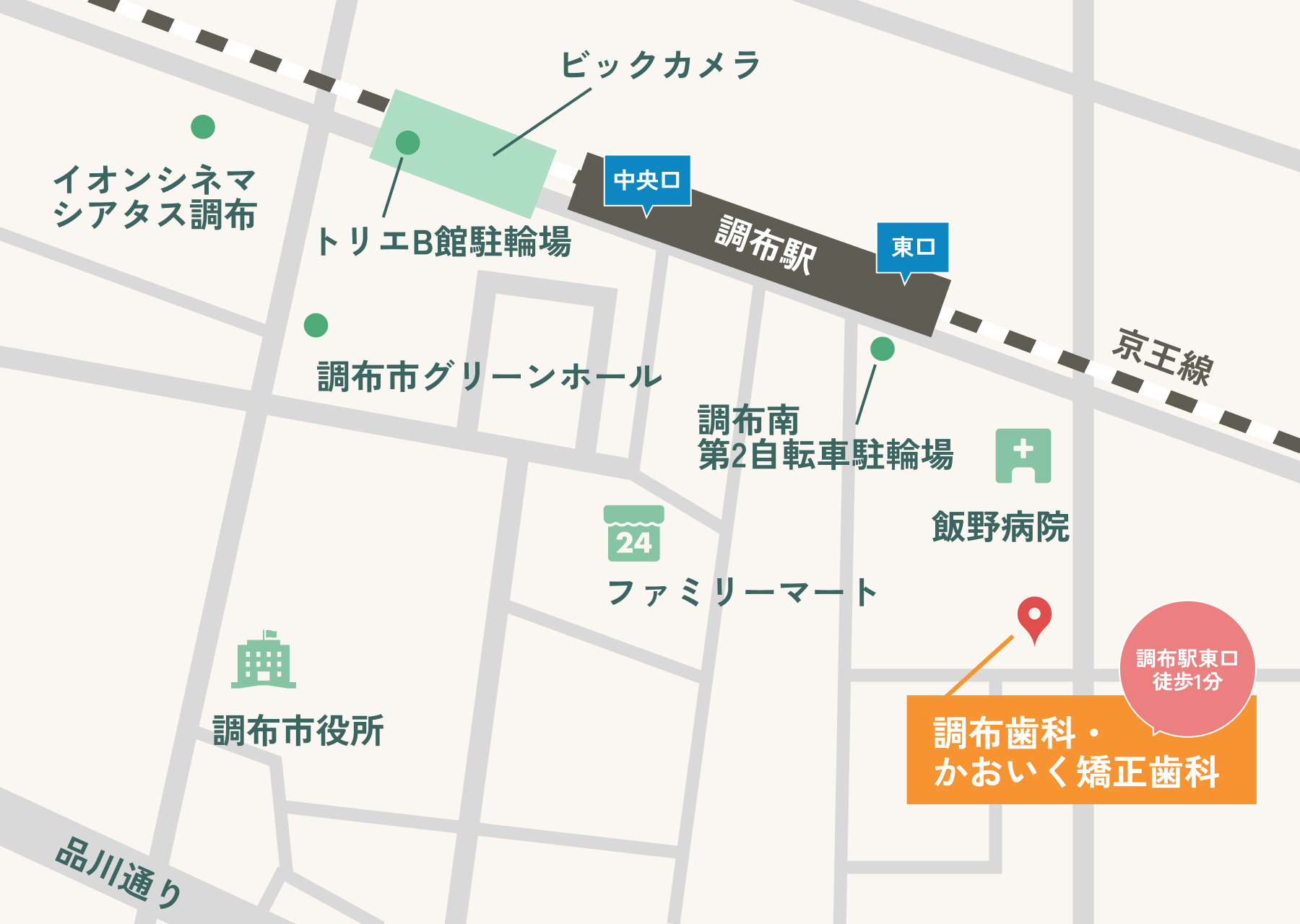 調布歯科・かおいく矯正歯科のアクセスマップ