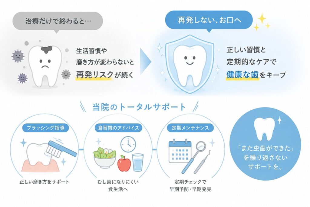 定期メンテナンスとブラッシング指導で、再発ゼロを目指します